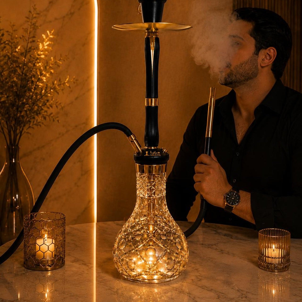 Mazaya Shisha Crystal Echo Black and Gold with Flask