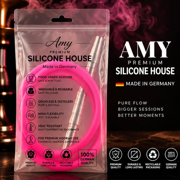 Amy Silicone Hose Pink with Mouthpiece and Hose Connector Silver